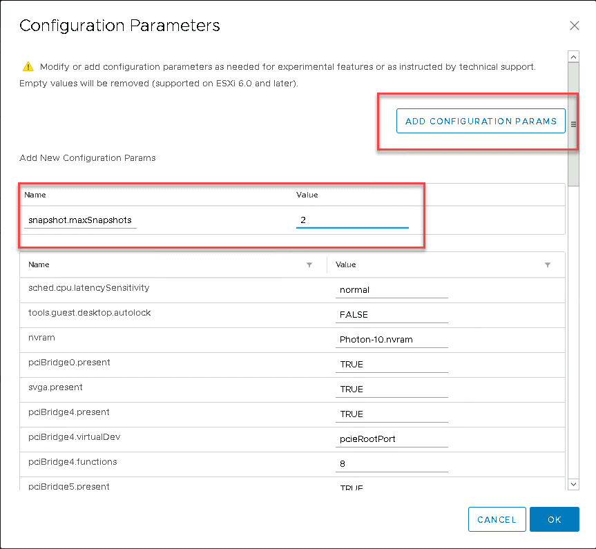 Image: VMware configuration parameters