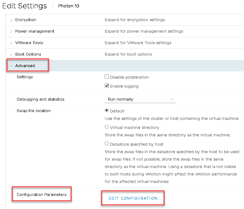 Image: Vware snapshot advanced settings