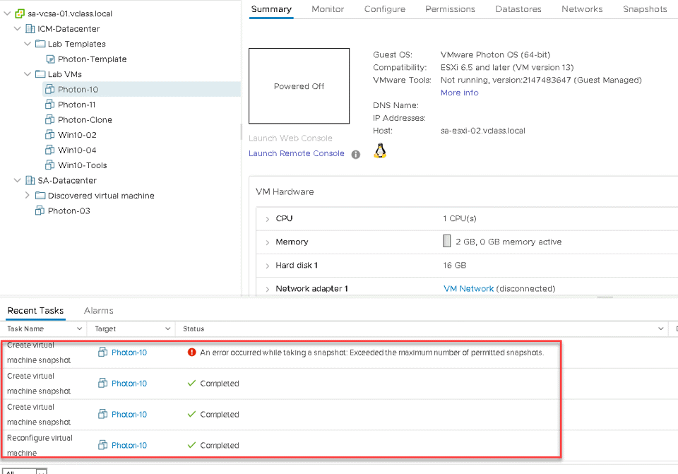 Image: VMware max snapshots settings