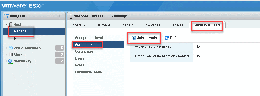 VMware: adding ESXi host to Active Directory