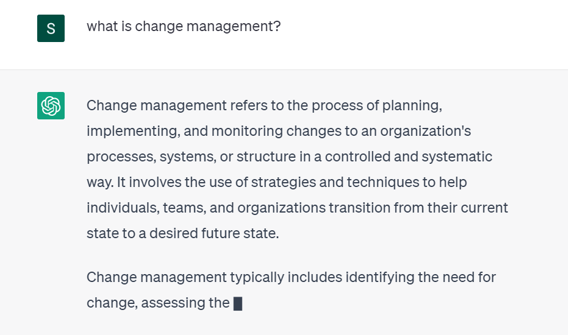 an image of chat gbt answering a question about change management